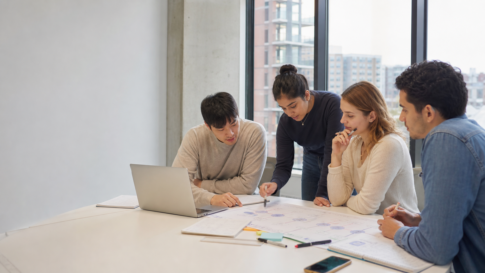 A student team reviewing a business process map and notes in a project room.